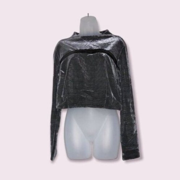 1X Ladies Crop Top Blouse Metallic Textured Zip Detail Long Sleeves Silver Black - Picture 3 of 10